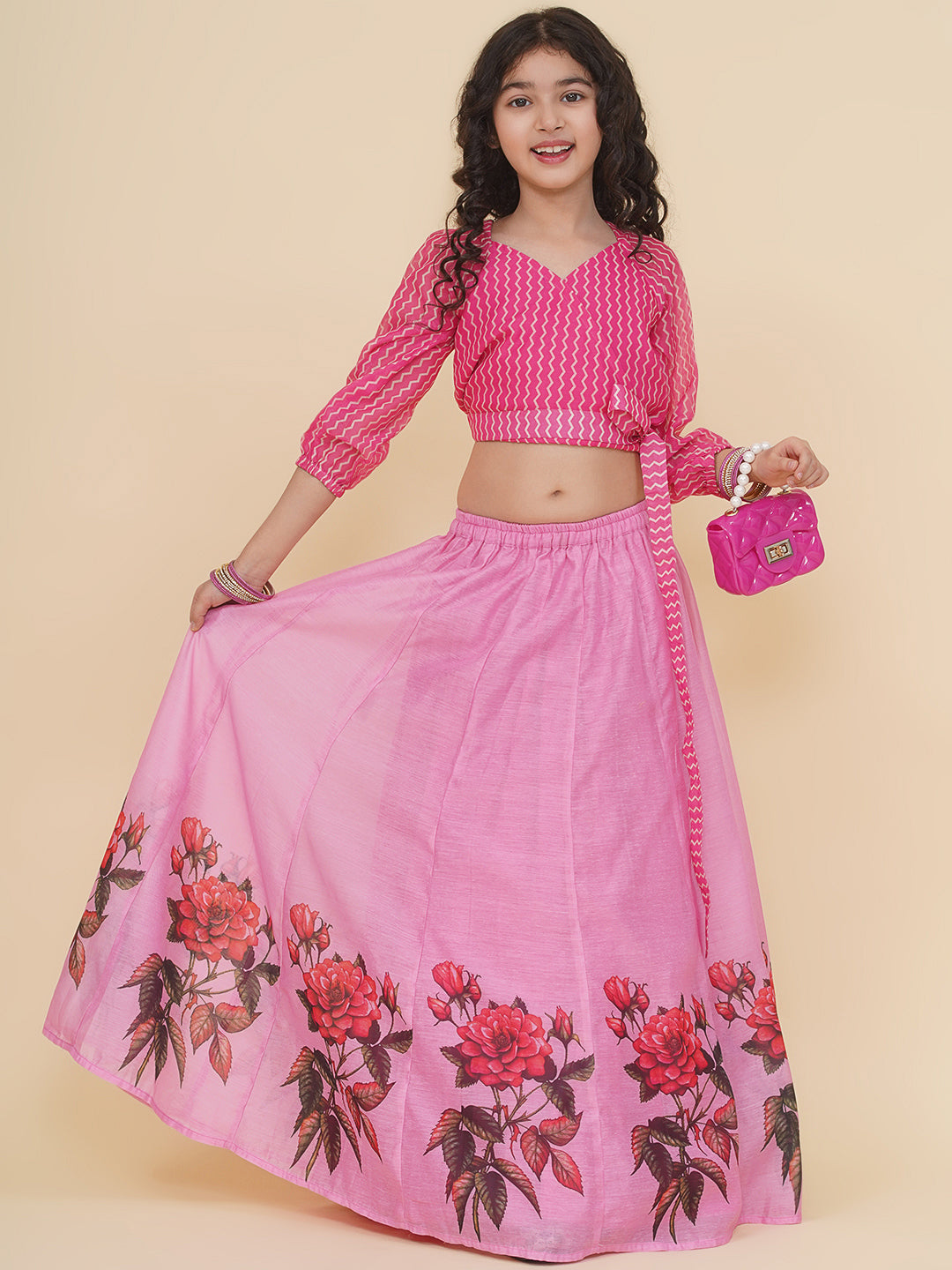 Bitiya by Bhama Girls Pink Zig Zag Printed Choli & Ready to Wear Lehenga
