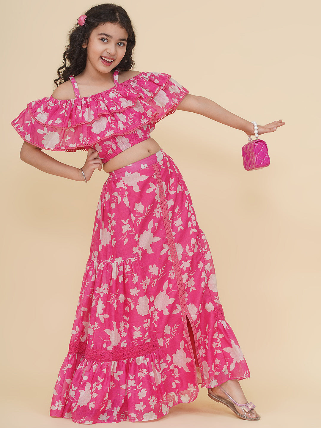 Bitiya by Bhama Girls Pink & White Printed Top Ready to Wear Skirt.
