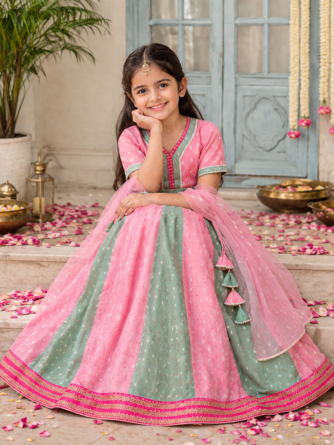 Bitiya by Bhama Girls Peach & Green Woven Design with Embroidered Patti Work Choli, Lehenga with Dupatta