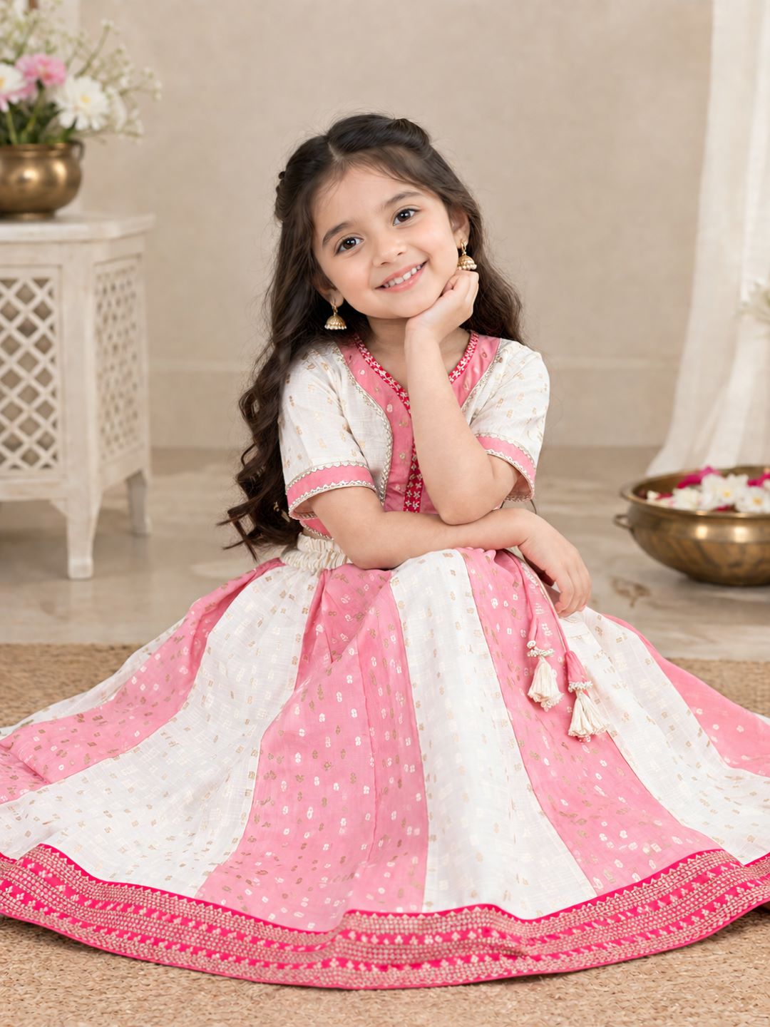 Bitiya Byy Bhama Girls Off White Embroidered Patti Work Choli Lehenga with Dupatta