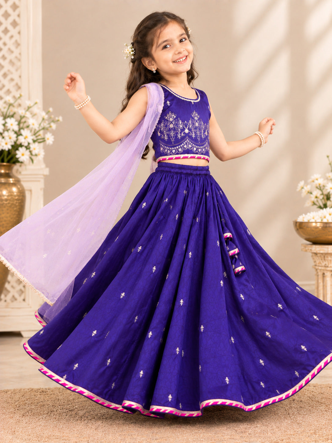 Bitiya By Bhama Girls Purple & Golden Embroidered Work Choli, Lehenga With Dupatta