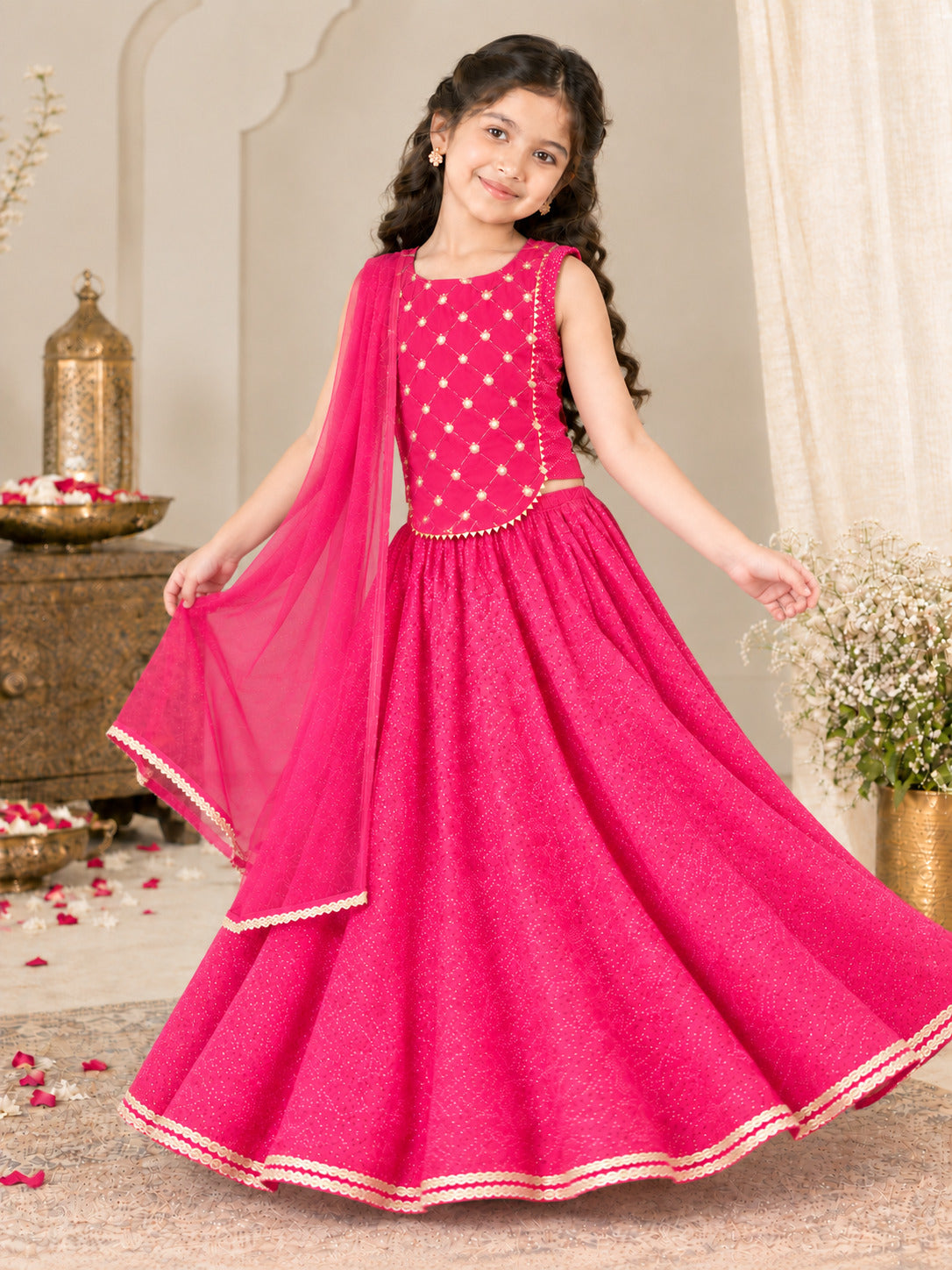 Bitiya By Bhama Girls Pink Pullka Dot Digital Print Mirror Embroidery Choli, Lehenga With Dupatta