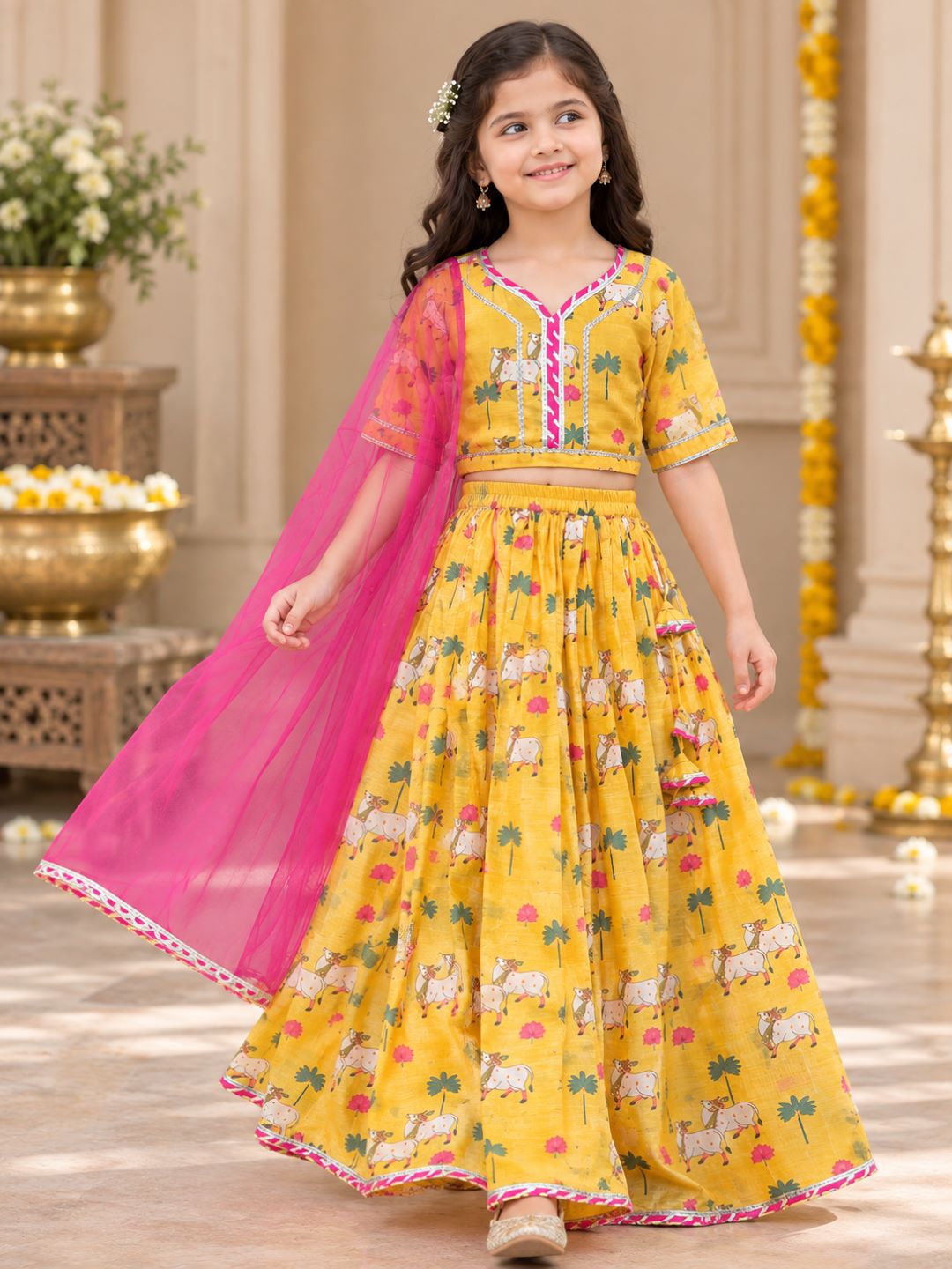 Bitiya By Bhama Girls Yellow Animal Digital Print Ready To Wear Lehenga ,Choli With Dupatta