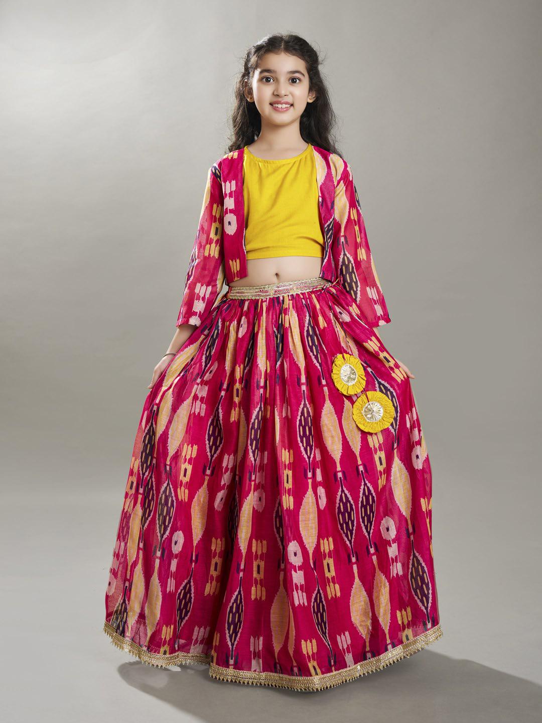 Bitiya by Bhama Girls Pink & Yellow Ikat Digital Print Ready to Wear Lehenga & Blouse with Jacket