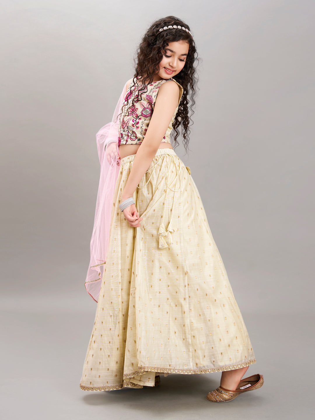 Bitiya by Bhama Girls Off white & Pink with Embroidered Ready to Wear Lehenga & Choli with Dupatta.