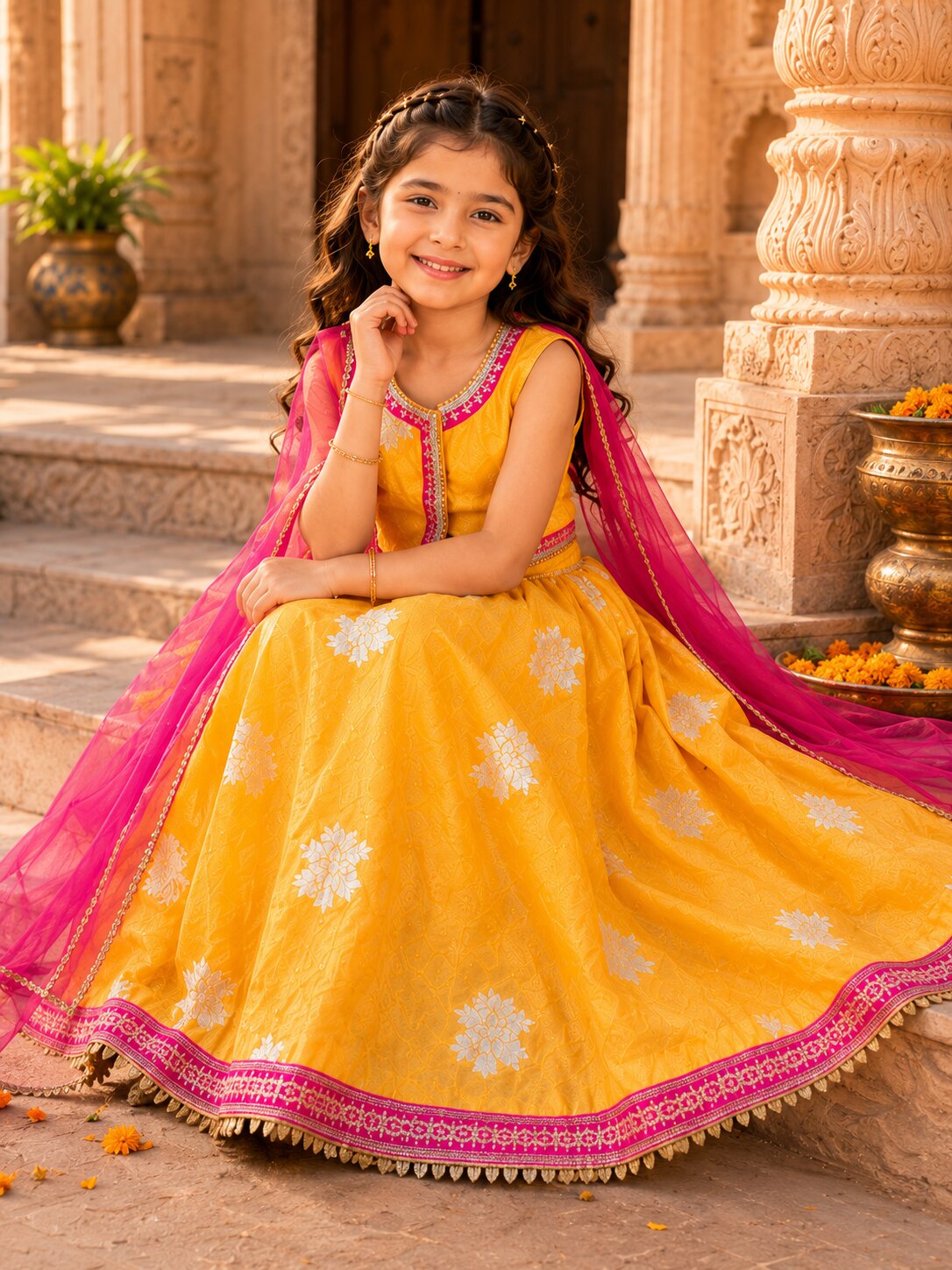 Bitiya by Bhama Girls Yellow Jacquard Booti Ready to Wear Lehenga & Choli with Dupatta.