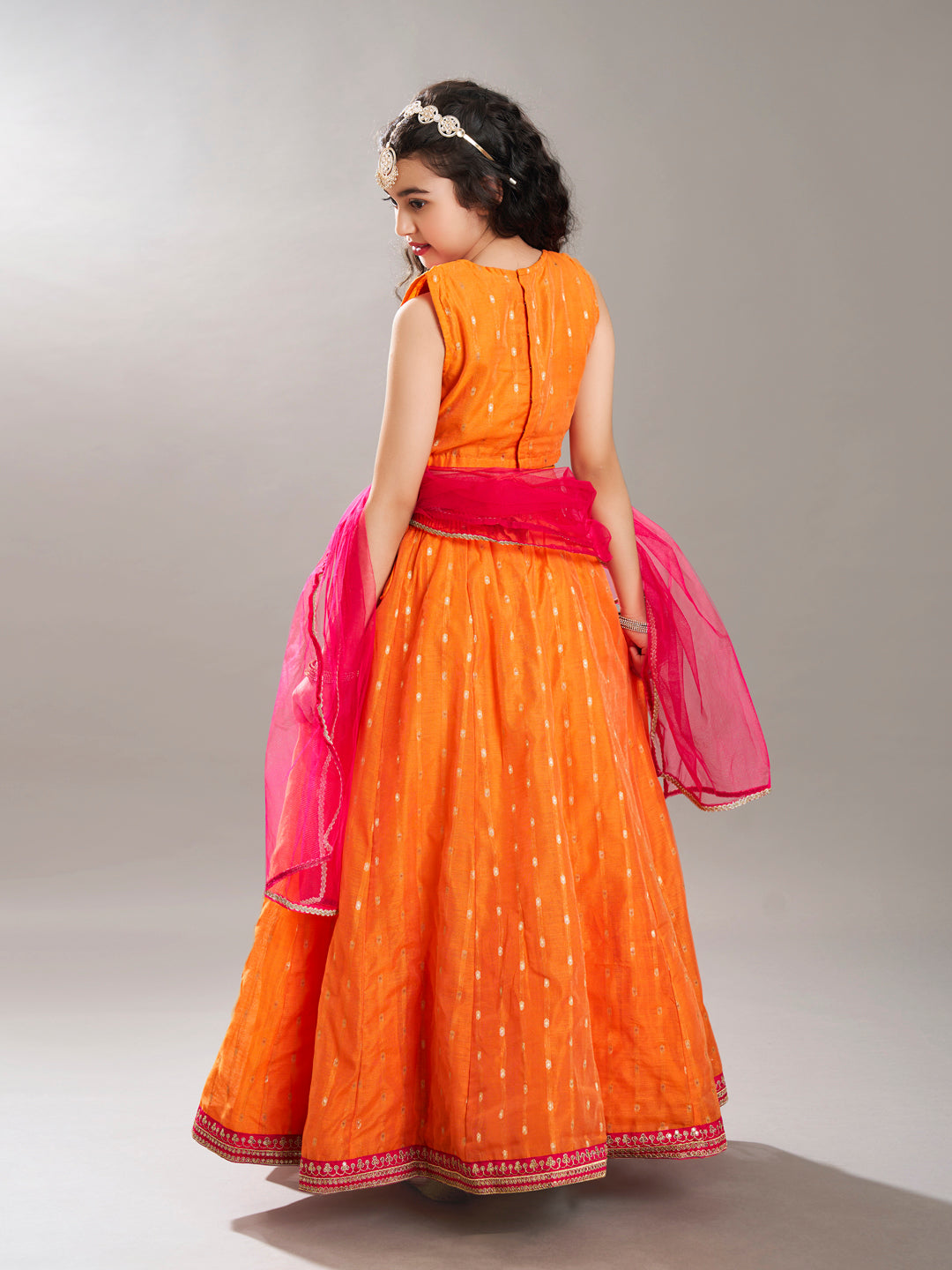 Bitiya by Bhama Girls Orange & Pink with Embroidered Ready to Wear Lehenga & Choli with Dupatta.