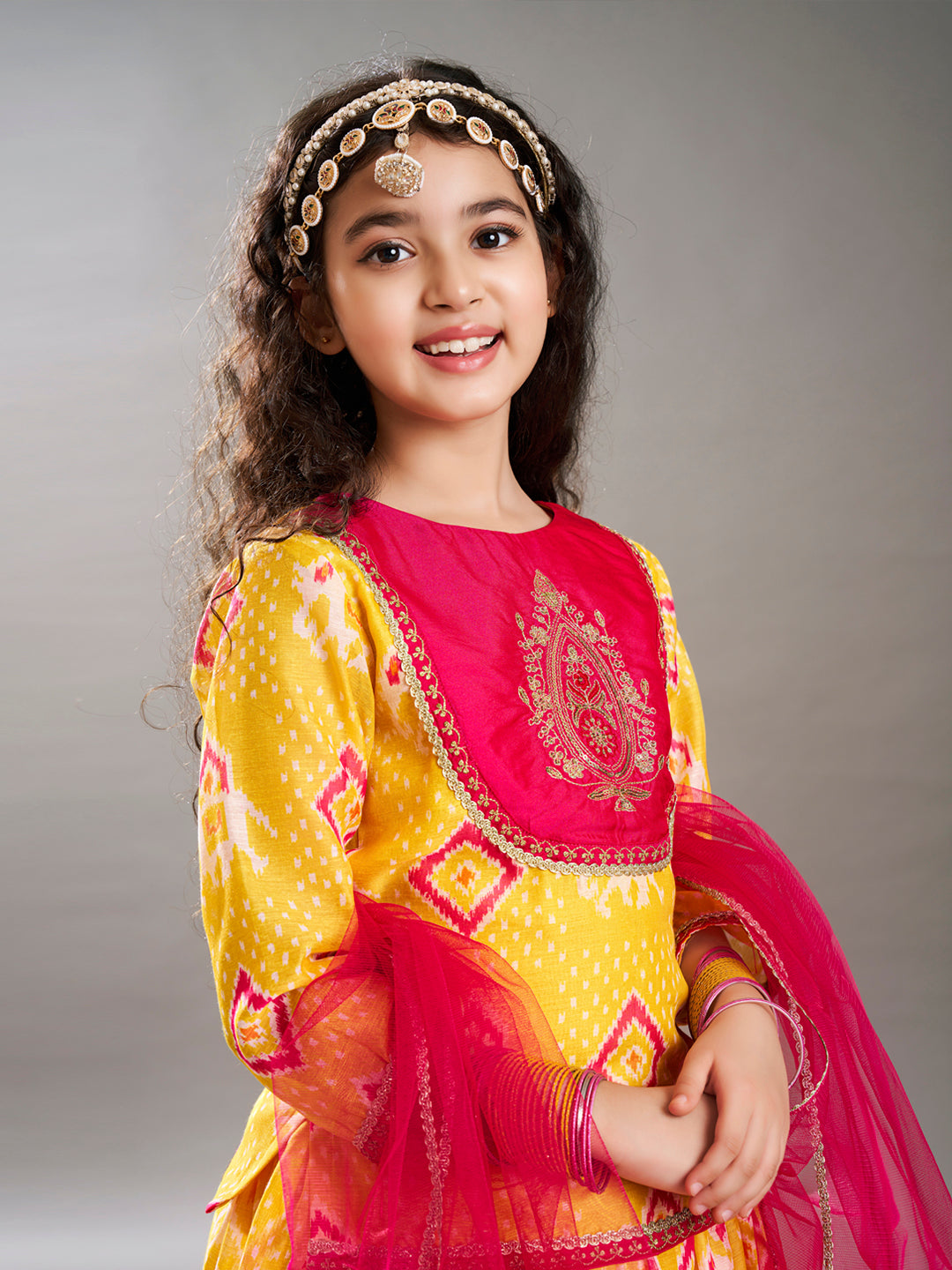 Bitiya by Bhama Girls Yellow & Pink Digital Print Ready to Wear Lehenga With Choli