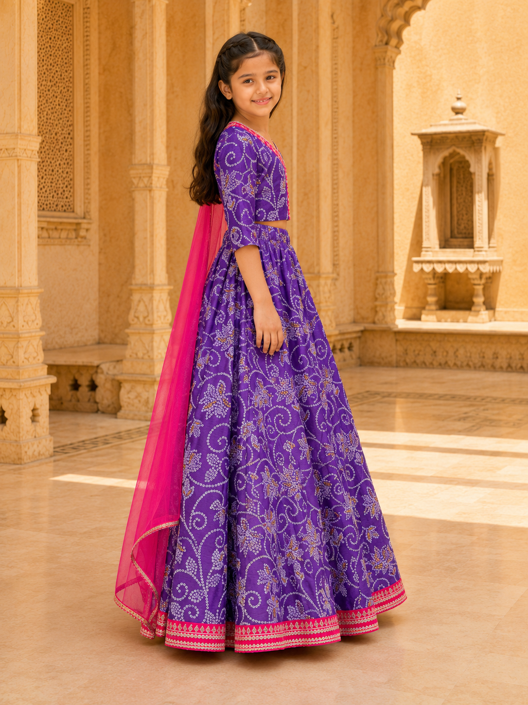 Bitiya by Bhama Girls Purple & Pink Bandhej Digital Print Ready to Wear Lehenga With Choli