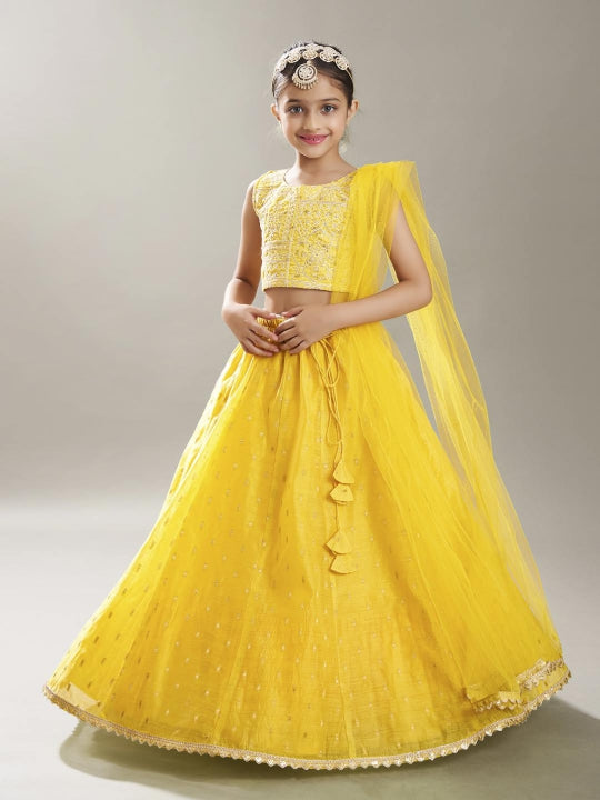Bitiya by Bhama Girls Yellow with Embroidered Ready to Wear Lehenga & Choli with Dupatta.
