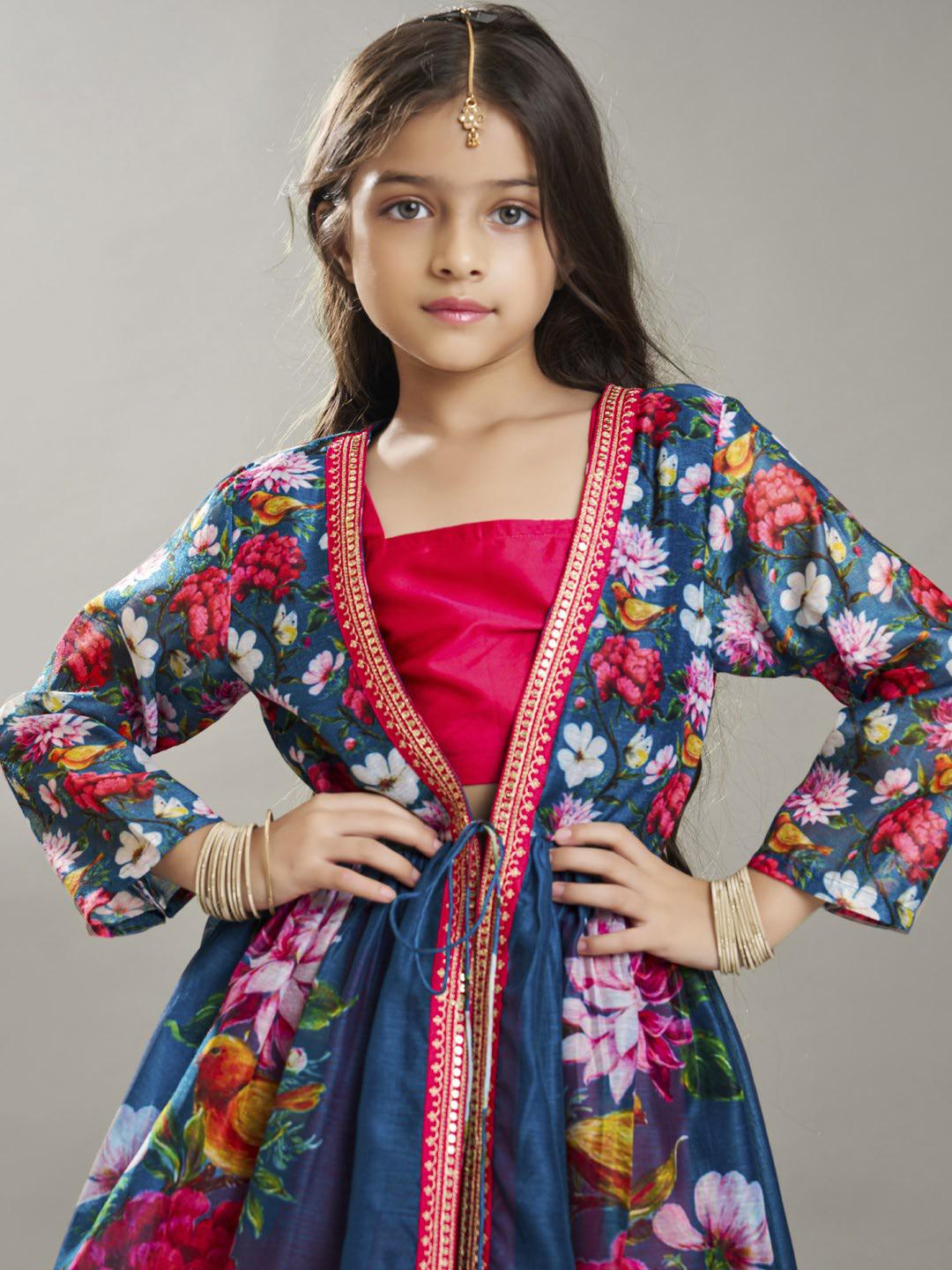 Bitiya by Bhama Girls Pink & Terquois Blue Digital Print Ready to Wear Lehenga With Choli