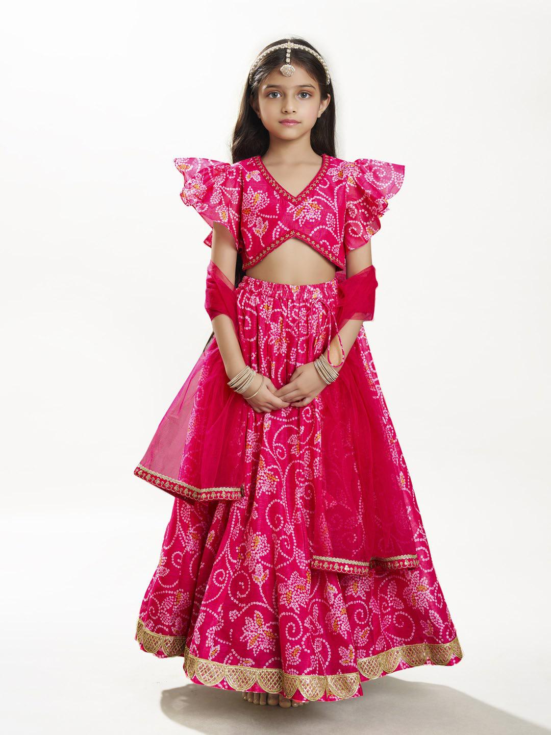 Bitiya by Bhama Girls Pink & White Bandhej Digital Print Ready to Wear Lehenga With Choli