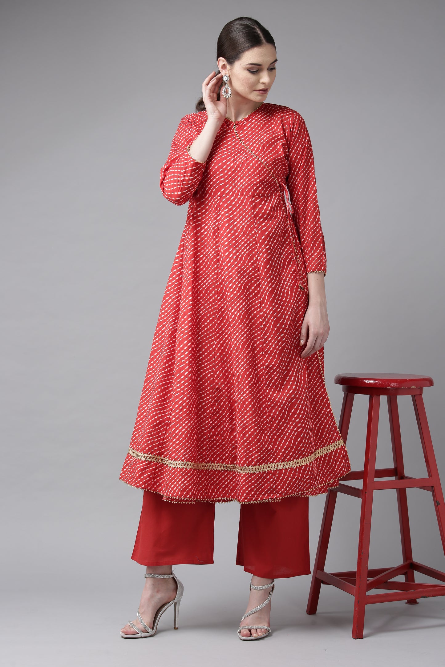 Red And White Printed Kurta With Palazzos