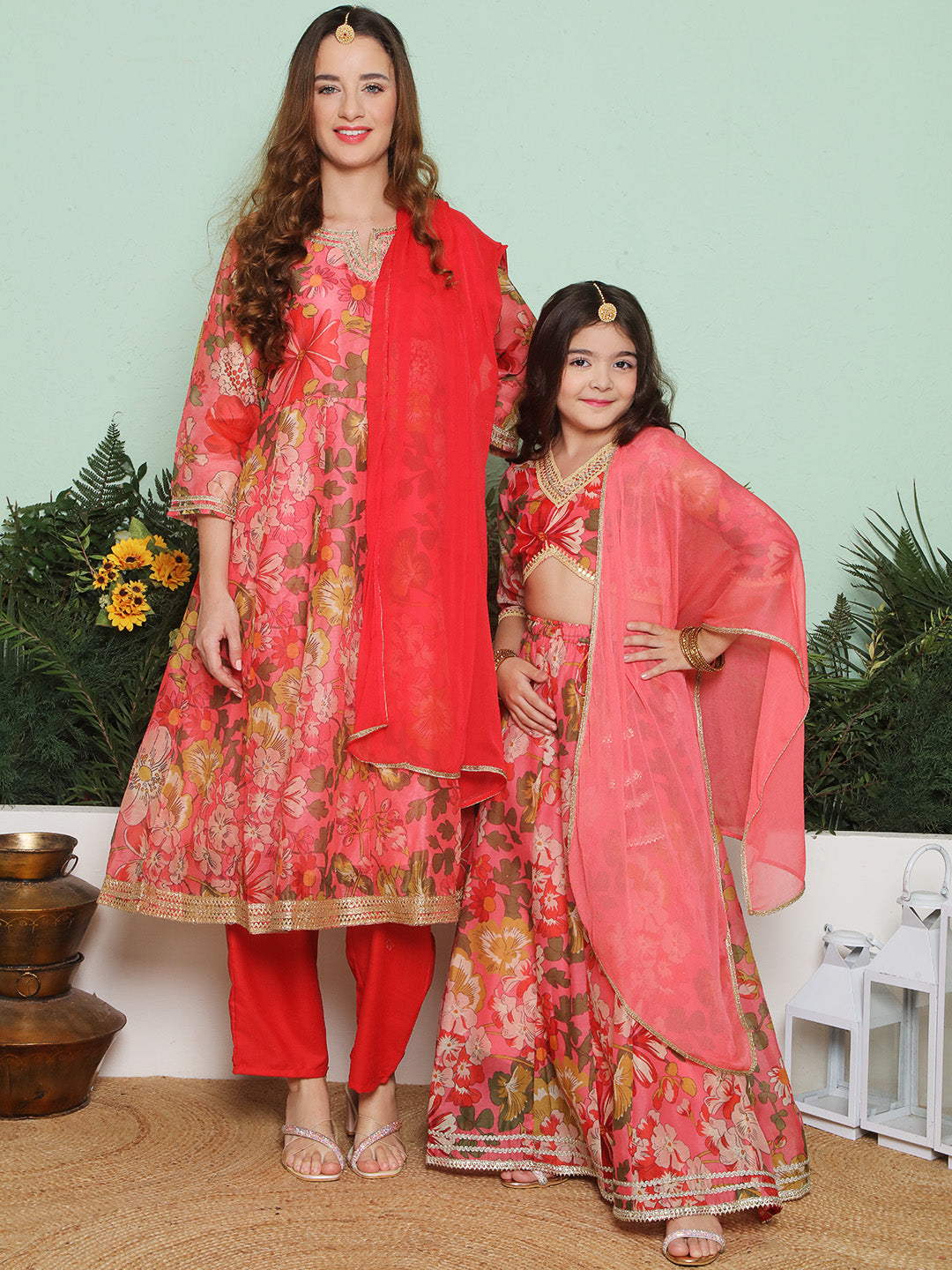 Red floral Printed Anarkali Kurta set for Women & Lehenga Choli Set dupatta for Girl