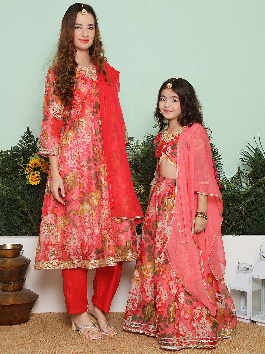 Red floral Printed Anarkali Kurta set for Women & Lehenga Choli Set dupatta for Girl