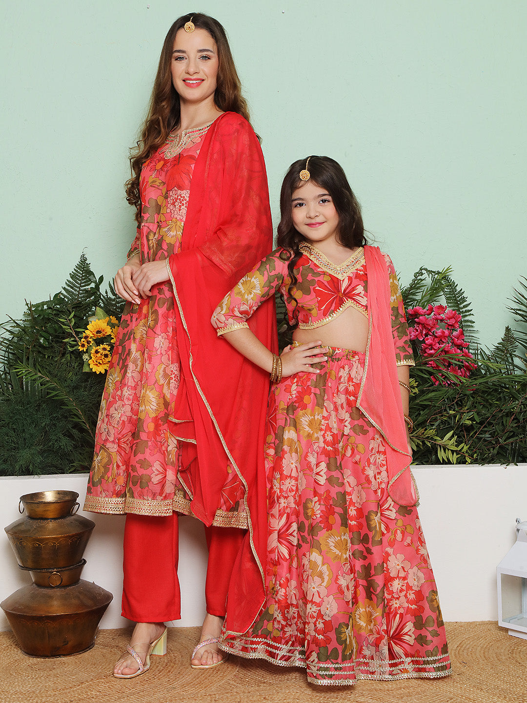 Red floral Printed Anarkali Kurta set for Women & Lehenga Choli Set dupatta for Girl