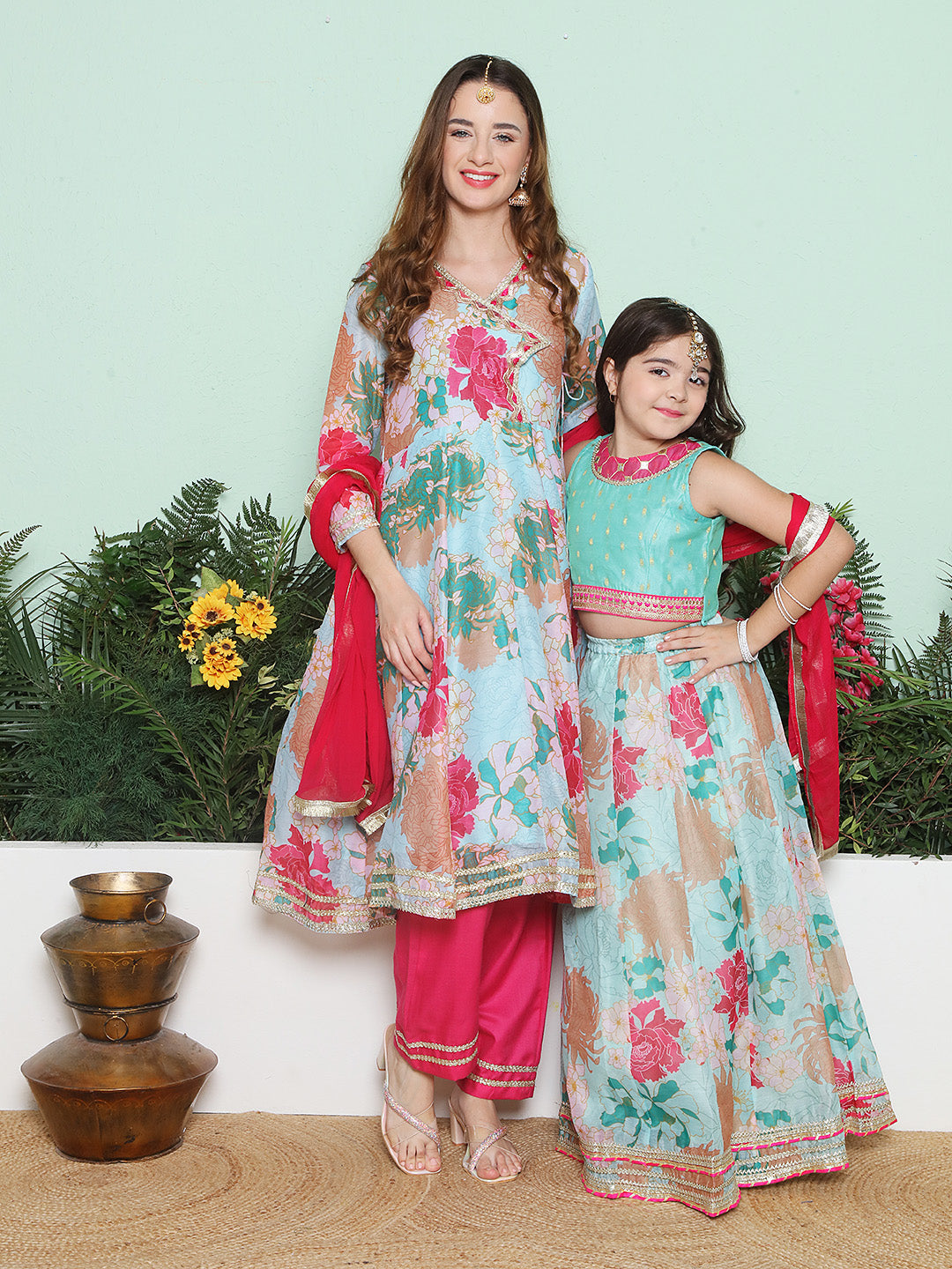 Sea Blue Multi Color Printed Anarkali Kurta Set For Women & Lehenga Choli Set For Girl.