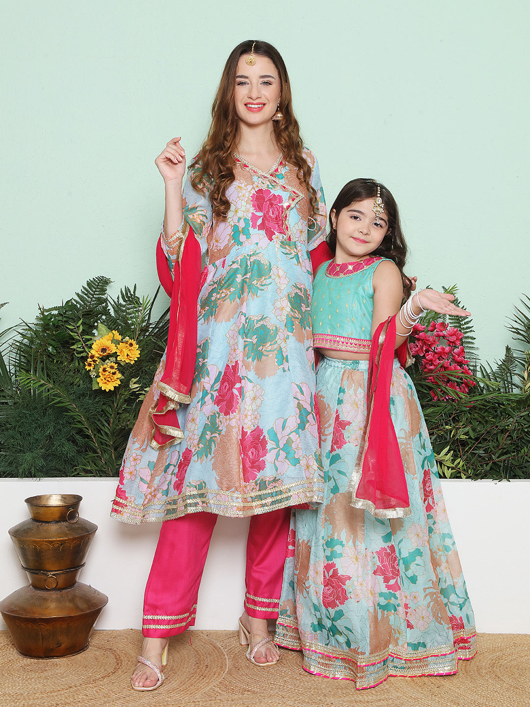 Sea Blue Multi Color Printed Anarkali Kurta Set For Women & Lehenga Choli Set For Girl.