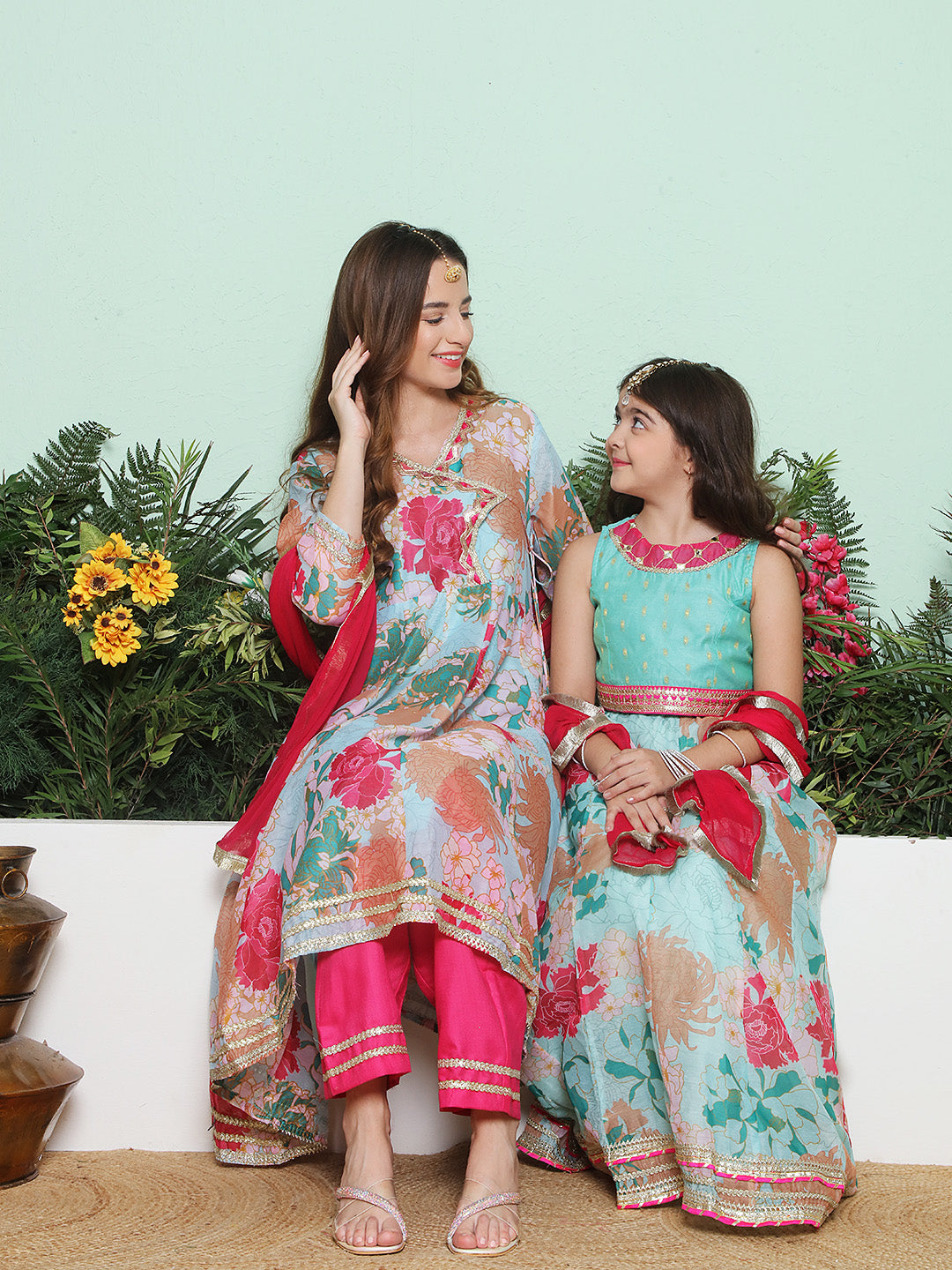 Sea Blue Multi Color Printed Anarkali Kurta Set For Women & Lehenga Choli Set For Girl.