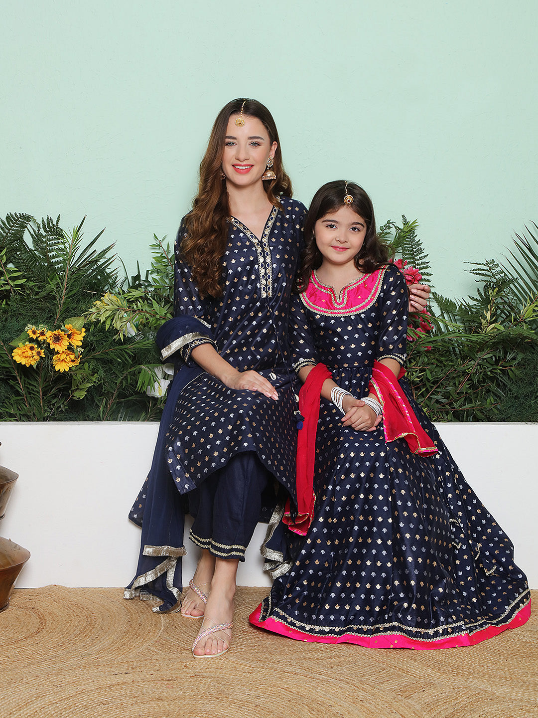 Navy Modal Jacquard Booti A-Line Kurta Set For Women & Lehenga Choli Set for Girl