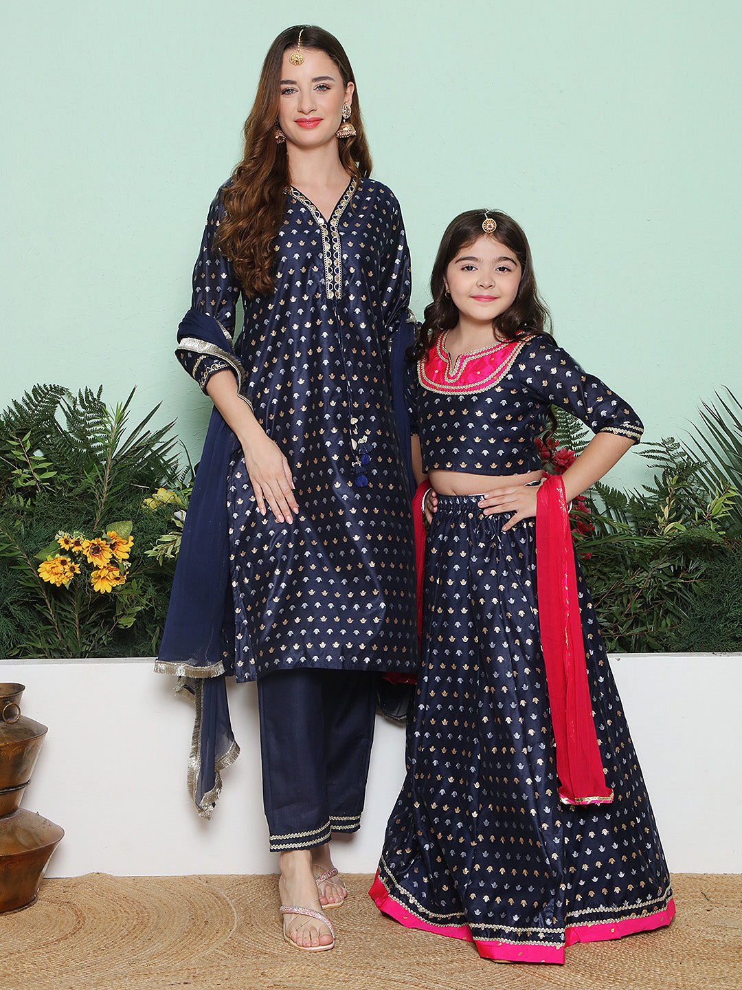 Navy Modal Jacquard Booti A-Line Kurta Set For Women & Lehenga Choli Set for Girl