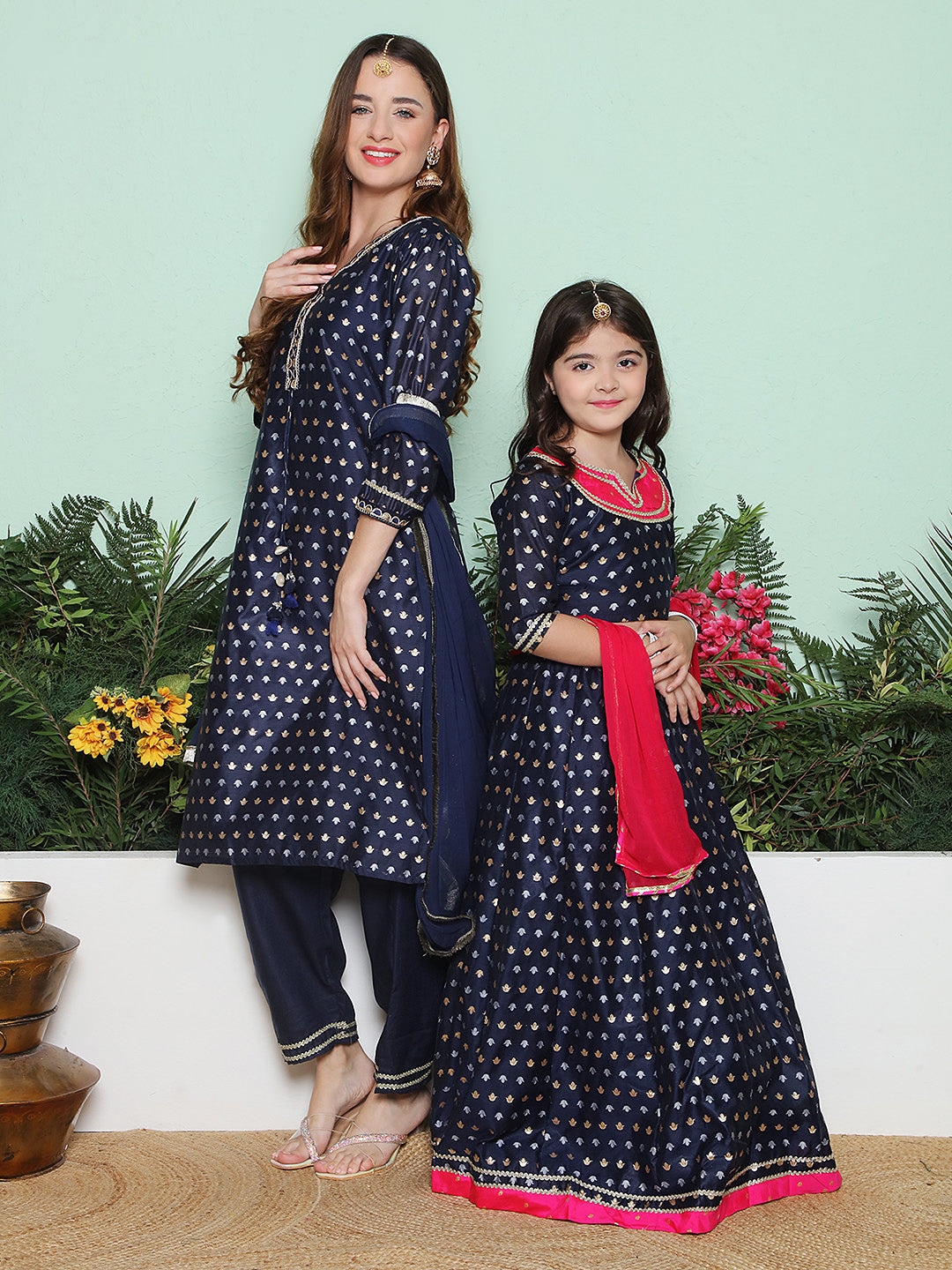 Navy Modal Jacquard Booti A-Line Kurta Set For Women & Lehenga Choli Set for Girl