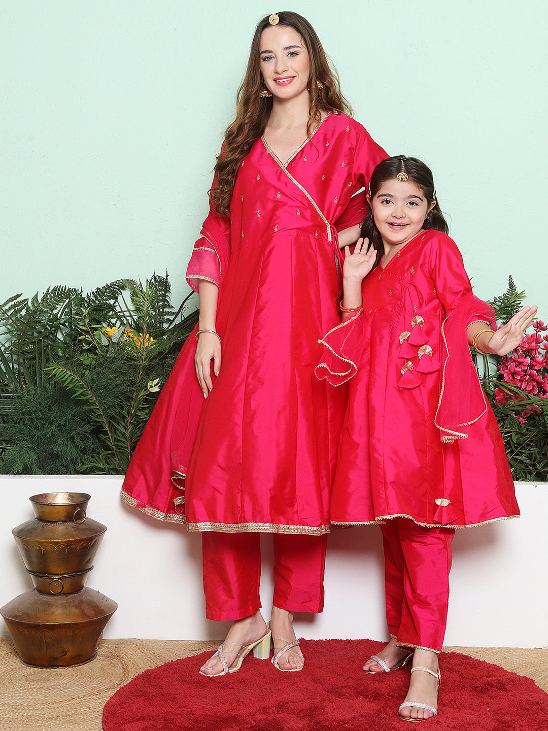 Pink Embroidered Angrakha Kurta Set For Women & Angrakha Kurta Set for Girl