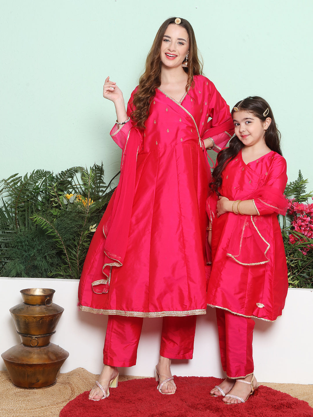 Pink Embroidered Angrakha Kurta Set For Women & Angrakha Kurta Set for Girl