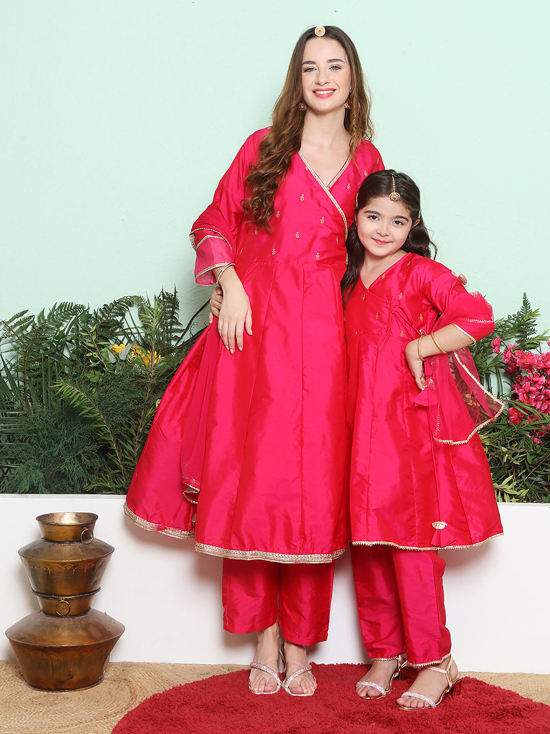 Pink Embroidered Angrakha Kurta Set For Women & Angrakha Kurta Set for Girl