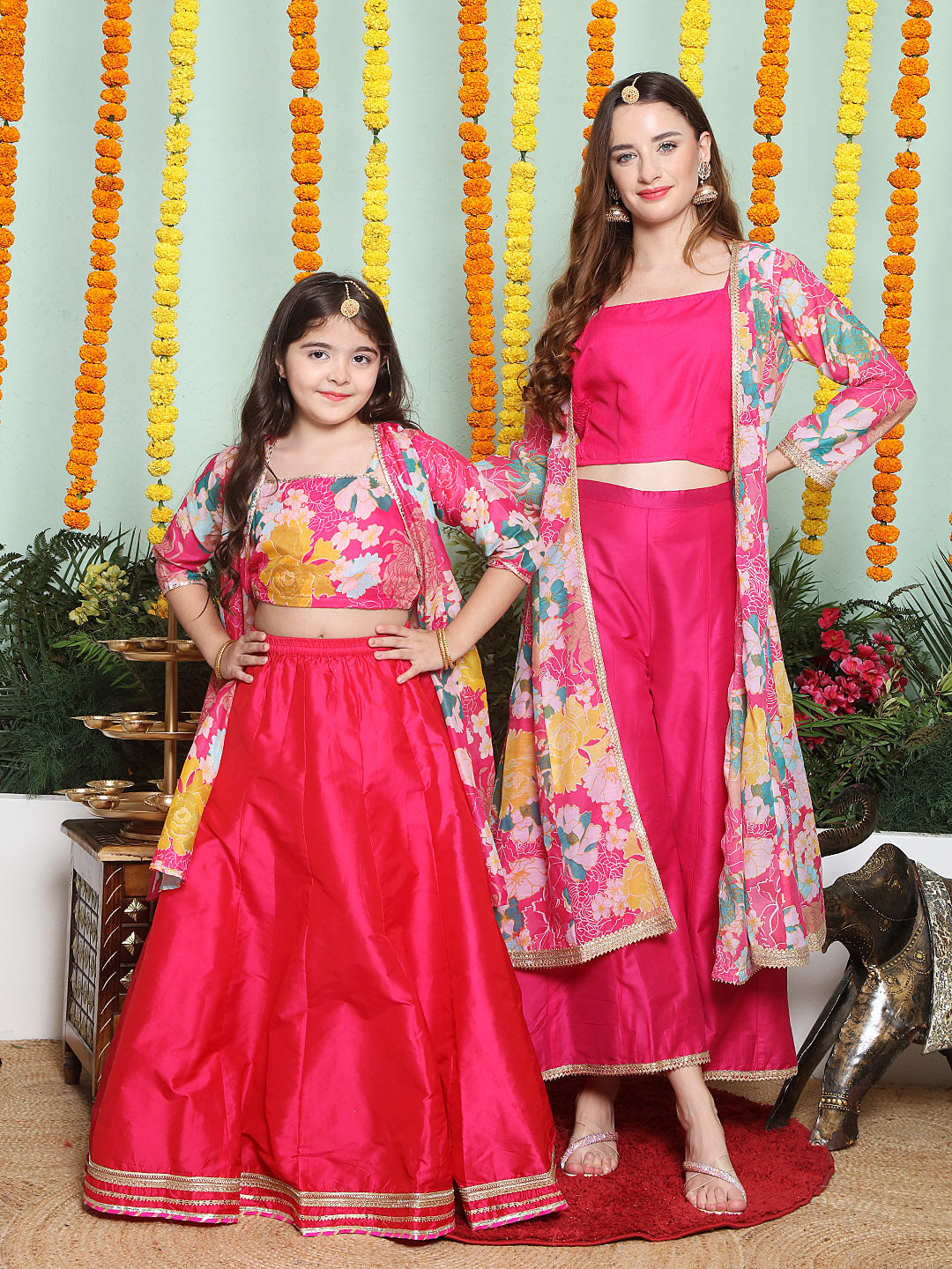 Pink Multi Floral Printed Jacket with Cami - Sharara For Women & Jacket with Cami - Skirt For Girl.