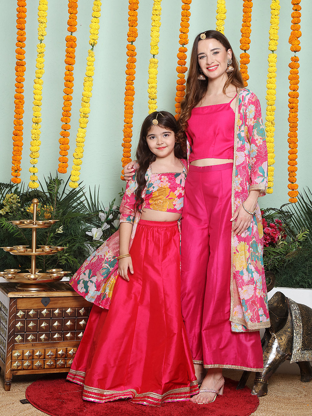 Pink Multi Floral Printed Jacket with Cami - Sharara For Women & Jacket with Cami - Skirt For Girl.