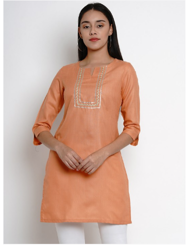 Orange solid Tunic, has a round neck, three-quarter sleeves, and Lace detail