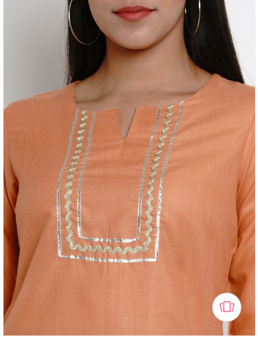 Orange solid Tunic, has a round neck, three-quarter sleeves, and Lace detail