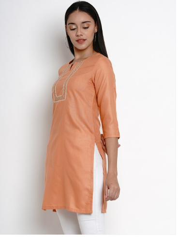 Orange solid Tunic, has a round neck, three-quarter sleeves, and Lace detail