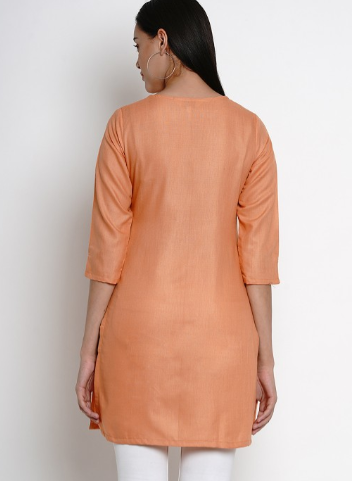 Orange solid Tunic, has a round neck, three-quarter sleeves, and Lace detail