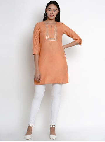 Orange solid Tunic, has a round neck, three-quarter sleeves, and Lace detail