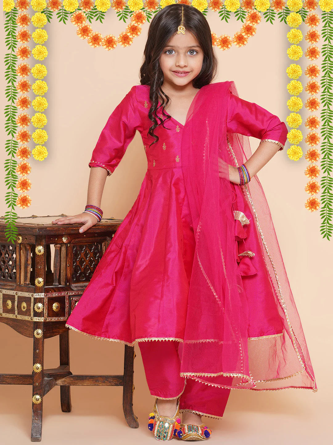 Pink Embroidered Angrakha Kurta Set For Women & Angrakha Kurta Set for Girl