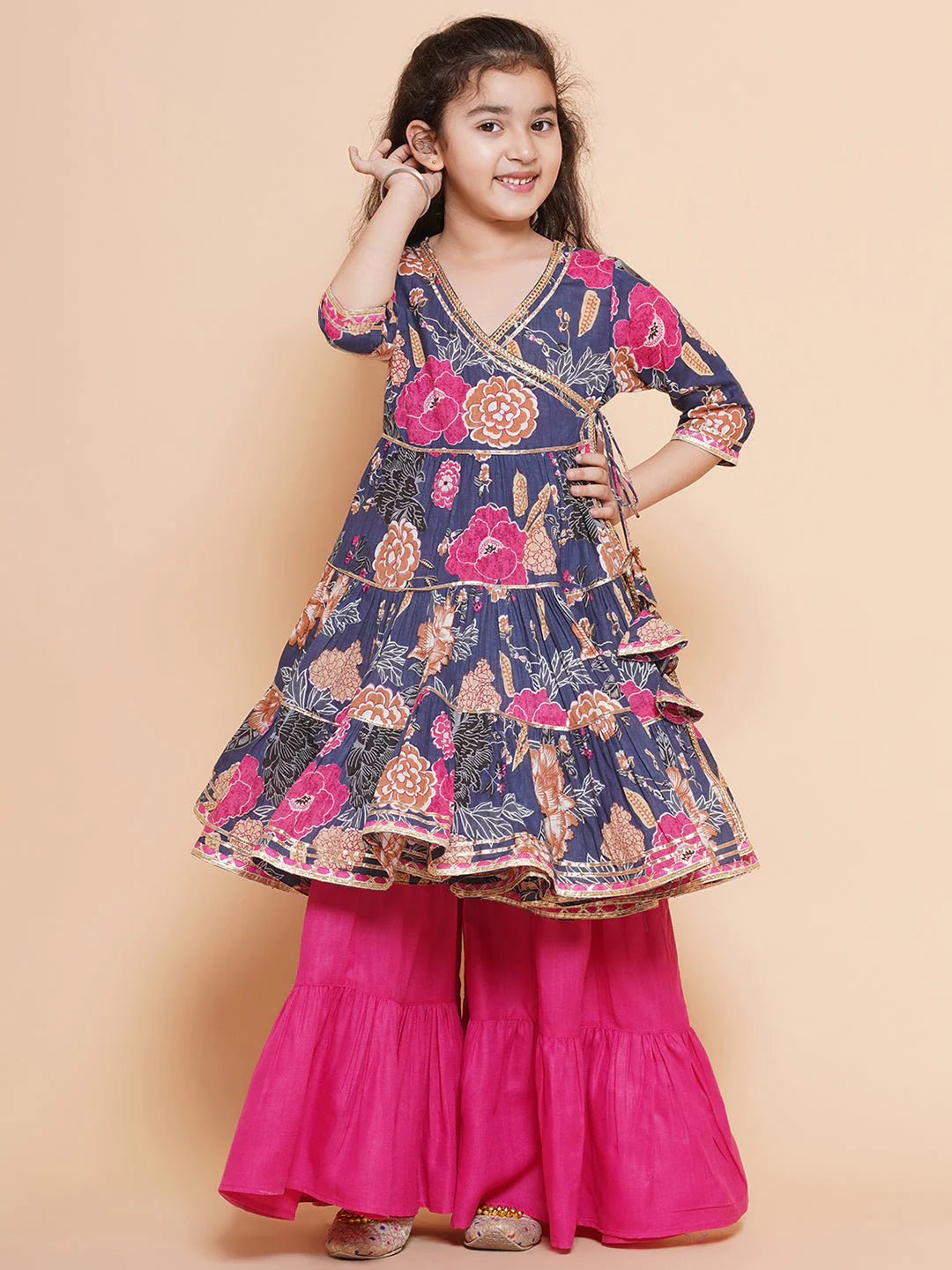 Blue Floral Cotton Printed A line Kurta Set For Women & Angrakha Kurta Sharara Set For Girls.