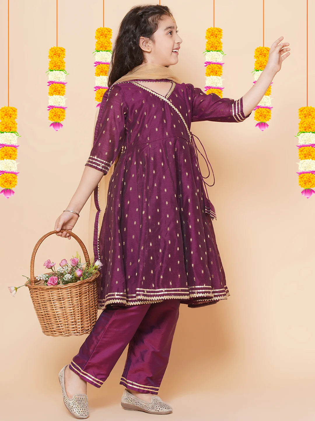 Purple Modal Jacquard Booti Anarkali Angrakha Kurta Set For Women & Anarkali Anagrakha Kurta Set for Girl