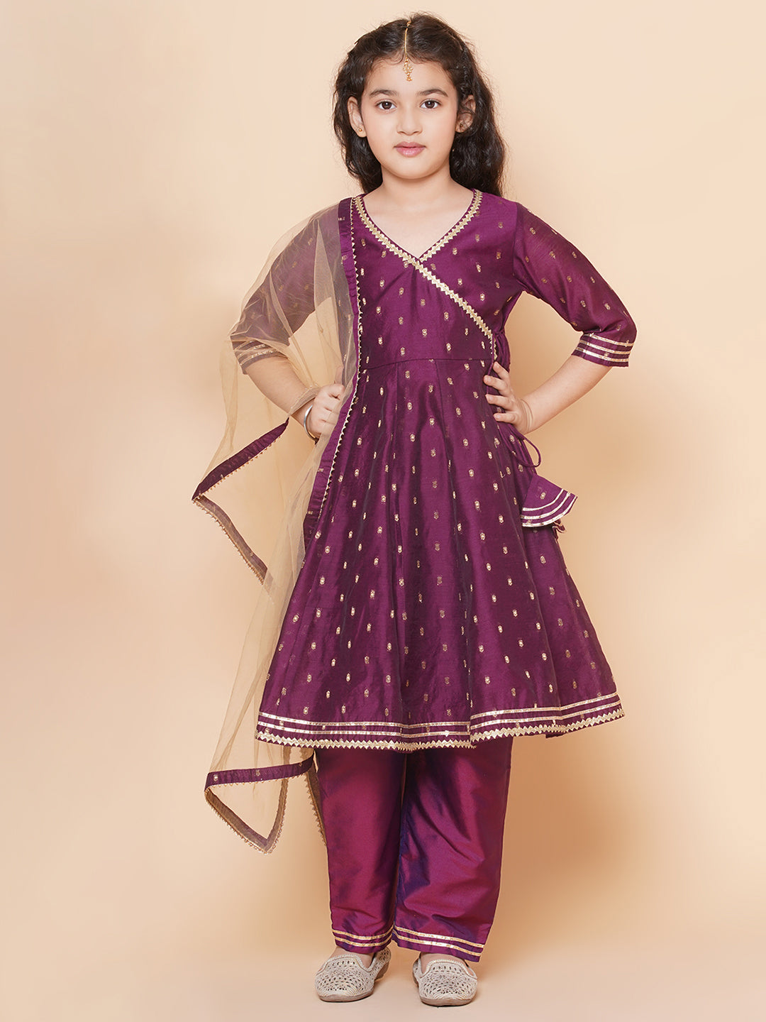 Bitiya by Bhama Girls Burgundy self design Angrakha Gotta Patti Kurta & Trousers set With Dupatta