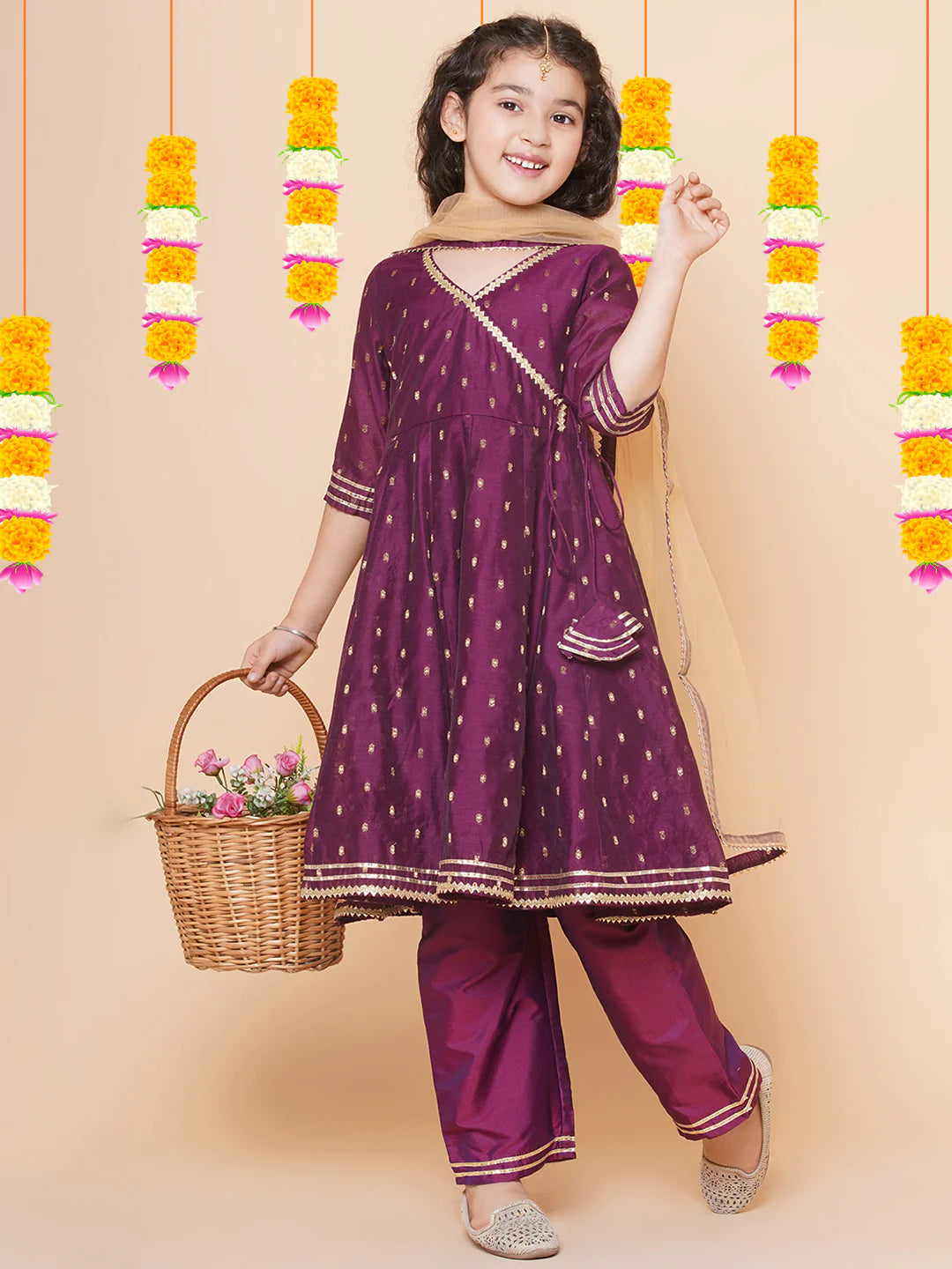 Purple Modal Jacquard Booti Anarkali Angrakha Kurta Set For Women & Anarkali Anagrakha Kurta Set for Girl