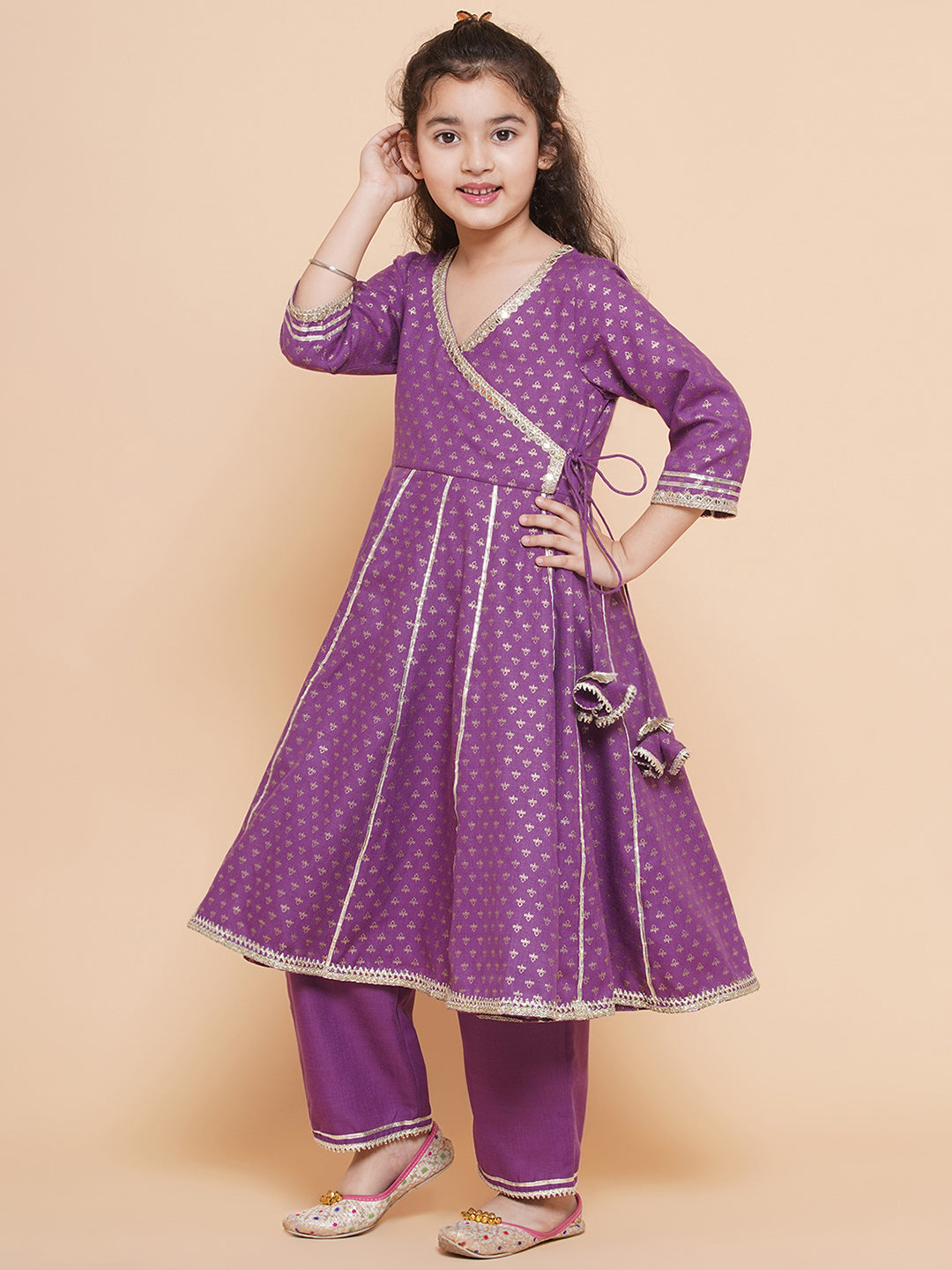 Bitiya by Bhama Girls Purple Ethnic Motifs foil Printed Angrakha Kurta with Trouser & Dupatta
