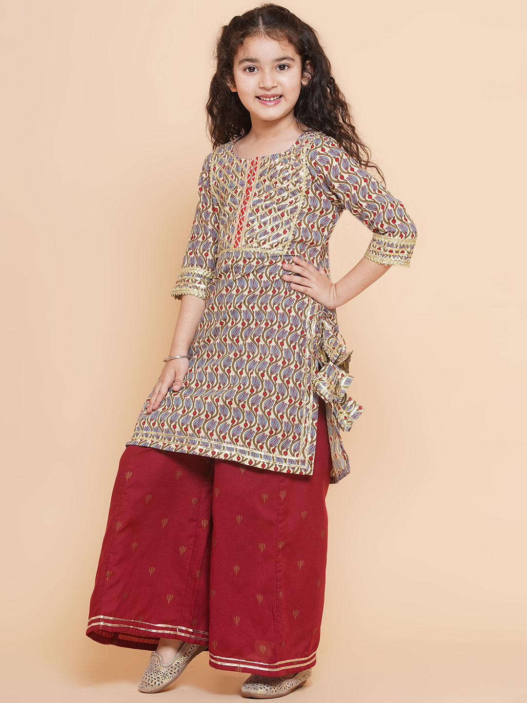Bitiya by Bhama Girls Maroon Floral Printed Cotton Kurta with Sharara