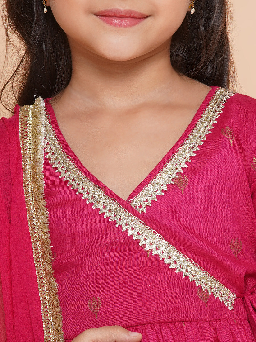 Bitiya by Bhama Girls pink Ethnic Motifs Printed Angrakha Gotta Patti Kurta With Sharara & Dupatta