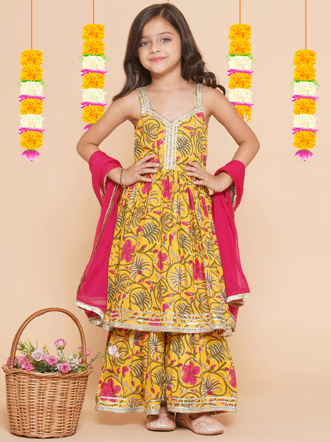 Yellow Pink Cotton Printed Anarkali Angrakha Kurta set For Women & Flared Sharara Kurta Set For Girl.