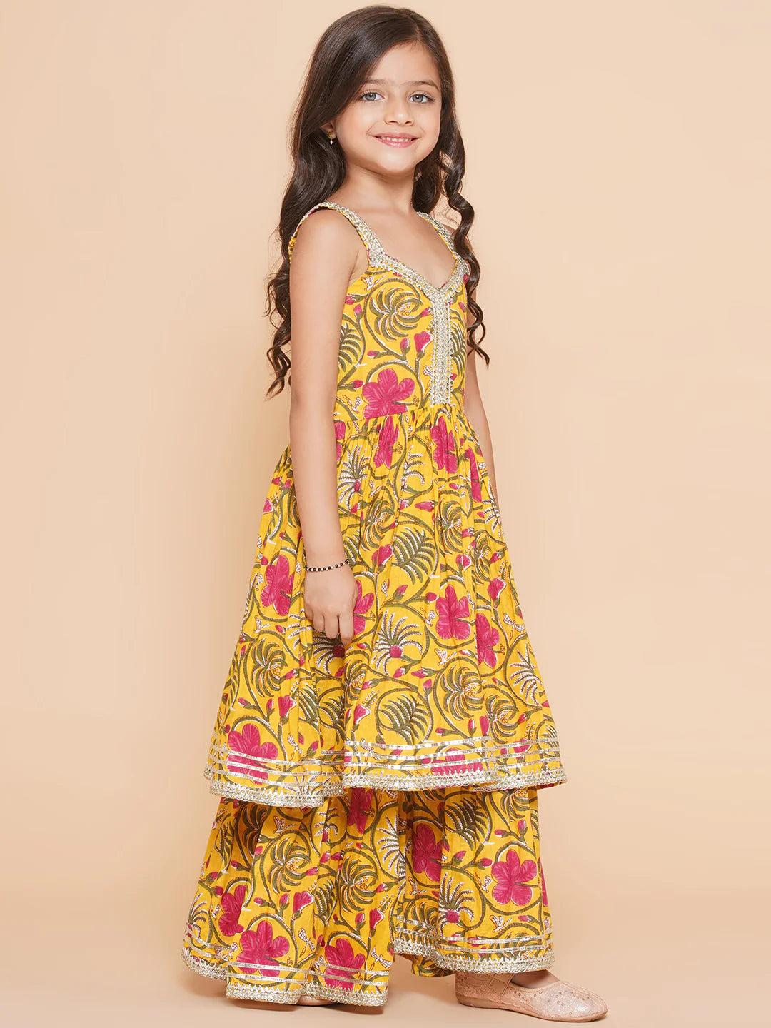 Yellow Pink Cotton Printed Anarkali Angrakha Kurta set For Women & Flared Sharara Kurta Set For Girl.