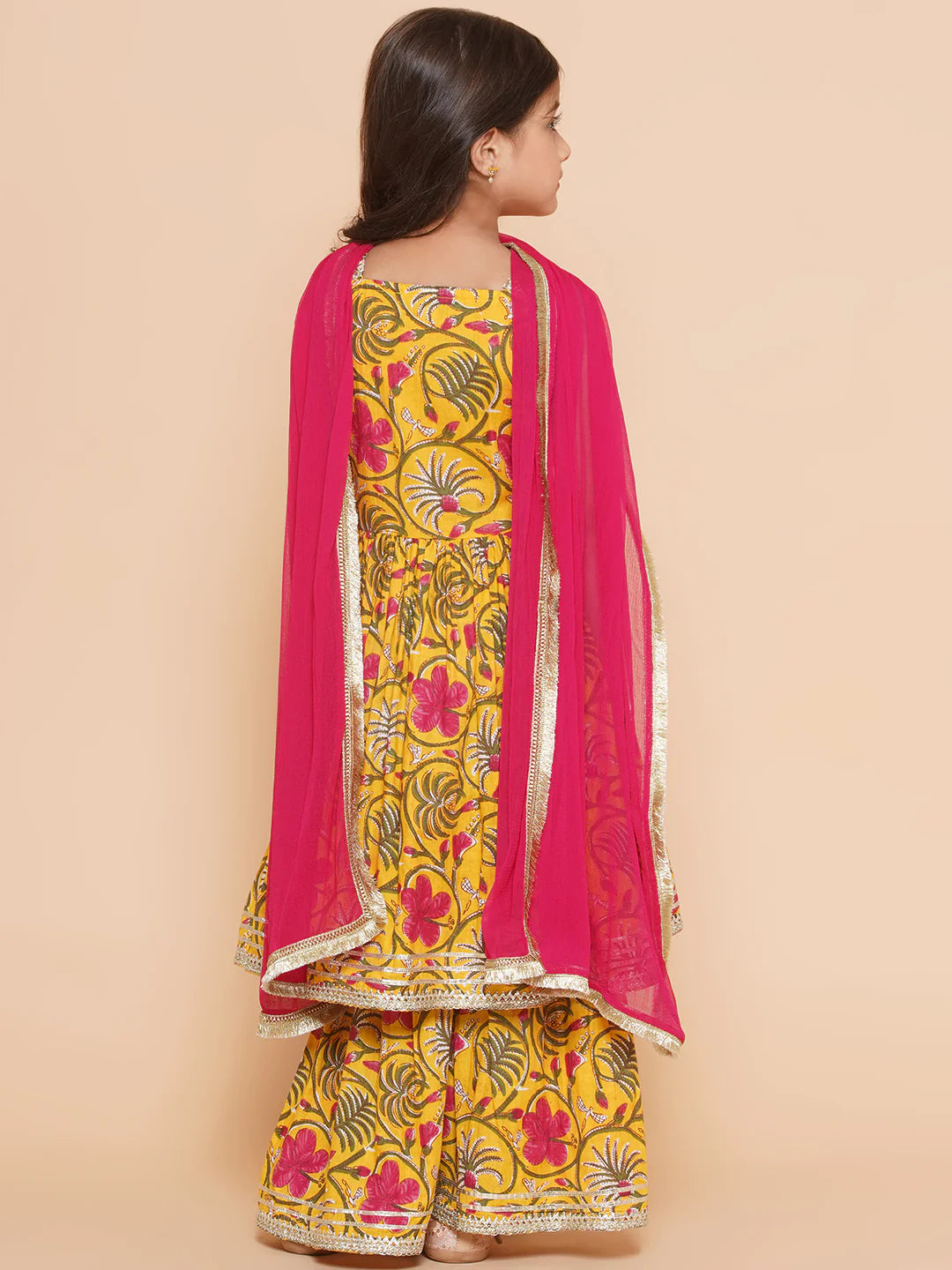 Yellow Pink Cotton Printed Anarkali Angrakha Kurta set For Women & Flared Sharara Kurta Set For Girl.