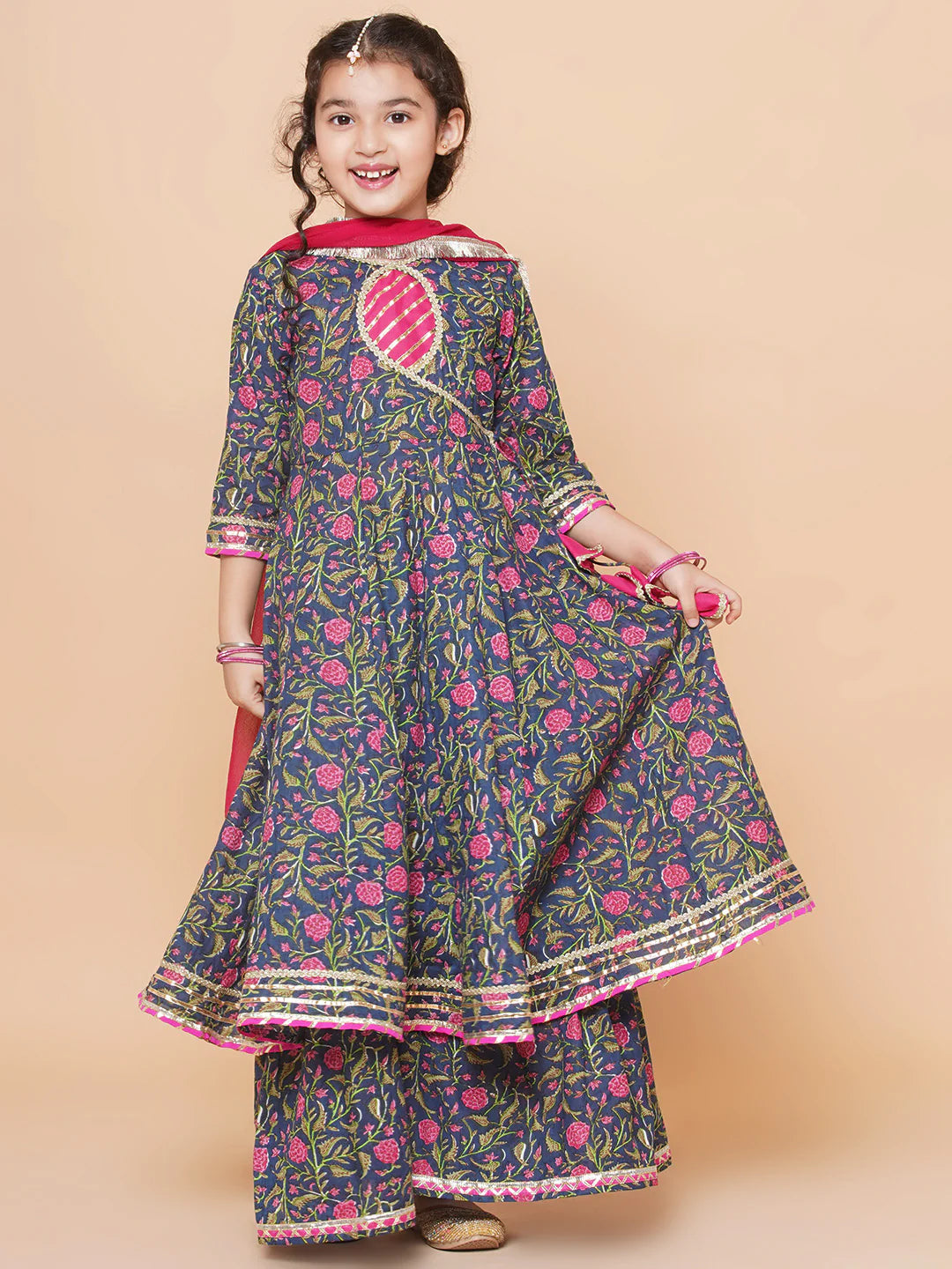 Navy Pink Cotton Printed Anarkali set For Women & Anarkali Sharara Kurta Set For Girl.