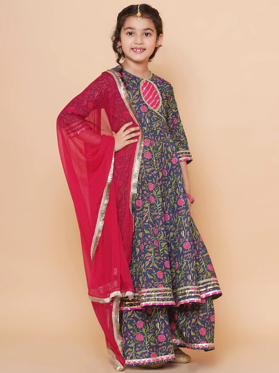 Navy Pink Cotton Printed Anarkali set For Women & Anarkali Sharara Kurta Set For Girl.