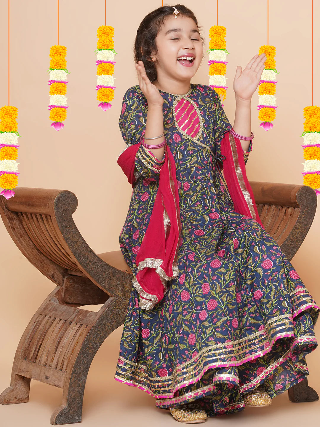 Navy Pink Cotton Printed Anarkali set For Women & Anarkali Sharara Kurta Set For Girl.